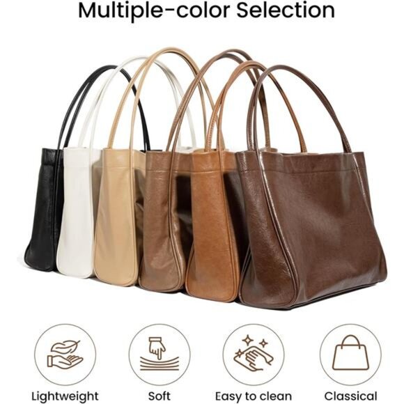 Brown Tote Bag for Women 2 Pcs Large Casual PU Weekender Bag Soft Vegan Leather - Picture 5 of 6